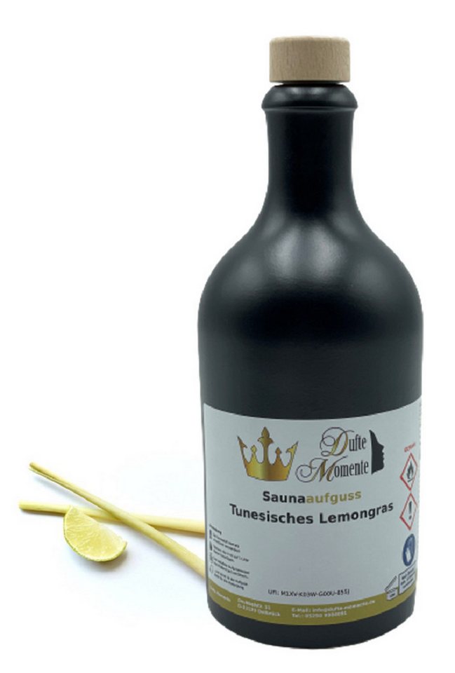 Dufte Momente Sauna-Aufgussset Tunesisches Lemongras 500ml in schwarzer Steingutflasche (1-tlg) naturreine ätherische Öle, vegan, ohne Tierversuche von Dufte Momente