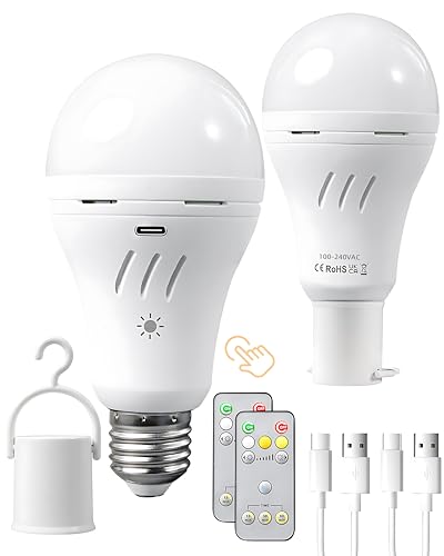 Dufuso Glühbirne mit Batterie und Fernbedienung, 7W Touch-Steuerung E27 LED dimmbar Glühbirne, USB-C 2600 mAh Akku Lampe, 3 Helligkeitsstufen Wandleuchte Hängelampe Notfall-Lichter (3000/4000/6000k) von Dufuso