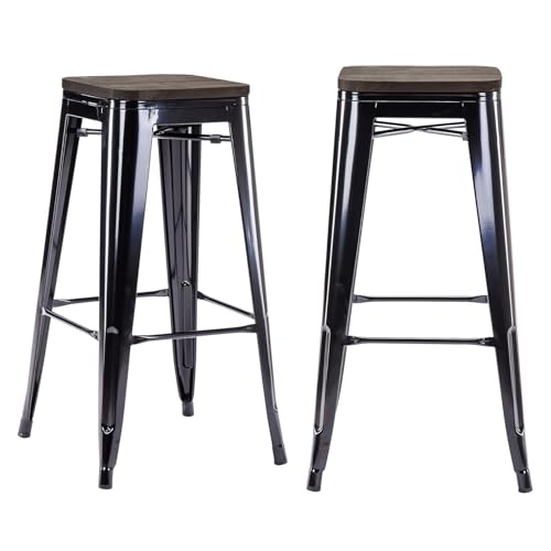 Duhome Barhocker Eisen Barstühle 2er Set, Sitzhöhe 76cm Tresenhocker, Stapelbar Metall Bistrohocker mit Fußstütze, Stizfläche aus Holz, Schwarz+Dunkles Holz von Duhome