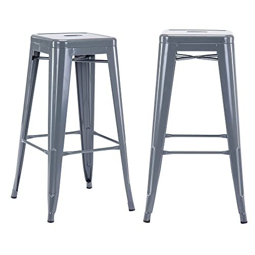 Duhome Barhocker Eisen Barstühle 2er Set, Sitzhöhe 76cm Tresenhocker, Stapelbar Metall Bistrohocker mit Fußstütze im Industry Design, Grau von Duhome