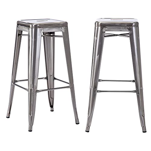 Duhome Barhocker Eisen Barstühle 2er Set, Sitzhöhe 76cm Tresenhocker, Stapelbar Metall Bistrohocker mit Fußstütze im Industry Design, Metallic von Duhome