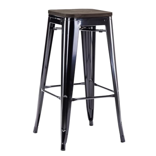 Duhome Barhocker Eisen Barstuhl, Sitzhöhe 76cm Tresenhocker, Stapelbar Metall Bistrohocker mit Fußstütze, Stizfläche aus Holz, Schwarz+Dunkles Holz von Duhome