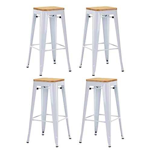 Duhome Barhocker Eisen Barstühle 4er Set, Sitzhöhe 76cm Tresenhocker, Stapelbar Metall Bistrohocker mit Fußstütze, Stizfläche aus Holz, Weiß+Naturholz von Duhome
