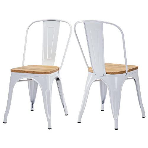 Duhome Metallstuhl Bistrostuhl 2er Set aus Eisen Esszimmerstuhl mit Rückenlehne, Stapelbare Küchenstühle, Weiß+Naturholz von Duhome