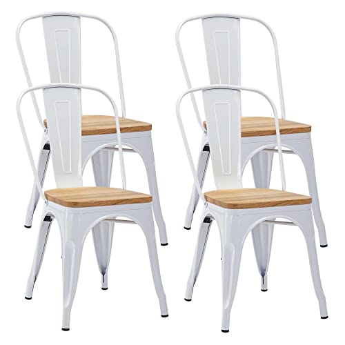 Duhome Metallstuhl Bistrostuhl 4er Set aus Eisen Esszimmerstuhl mit Rückenlehne, Stapelbare Küchenstühle, Weiß+Naturholz von Duhome