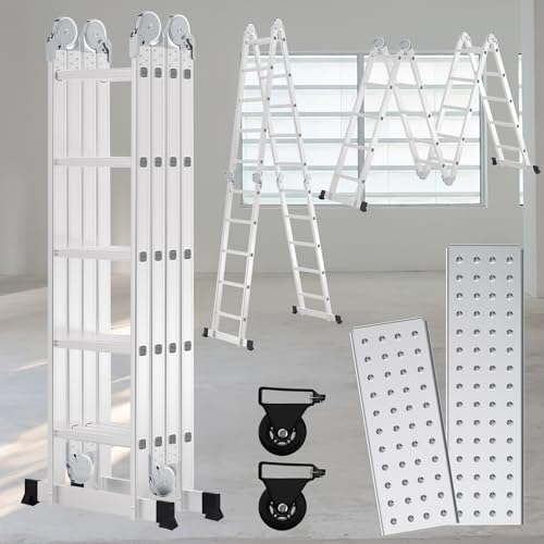 Duisrech Multifunktionsleiter 4 x 5 Sprossen, Klappleiter 582cm Alu Leiter, Mehrzweckleiter Treppenleiter bis 150kg, Leitern 5 Stufen, Ladder Mit 2 Plattformplatten und 2 Rädern, Treppenleiter von Duisrech