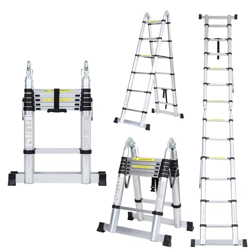 Duisrech Teleskopleiter Klappleiter 3.8m (1.9m+1.9m), Klappleitern 12(6+6) Stufen, Leiter Ausziehbar, bis 150 kg belastbar, Multifunktionsleiter, Mehrzweckleiter, Alu Ausziehbare Leiter, Silber von Duisrech