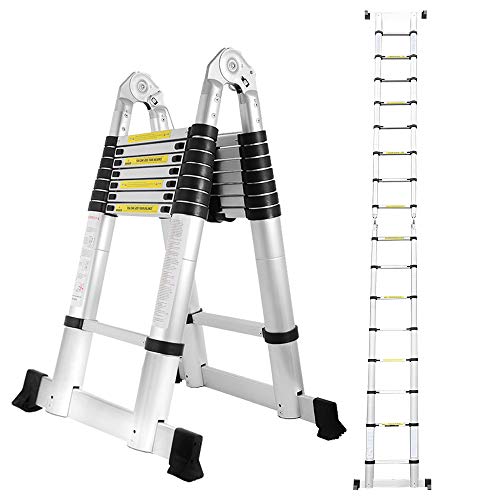 Duisrech Teleskopleiter Klappleiter 5m (2.5m+2.5m), Klappleitern 16(8+8) Stufen, Leiter Ausziehbar, bis 150 kg belastbar, Multifunktionsleiter, Mehrzweckleiter, Alu Ausziehbare Leiter, Silber von Duisrech