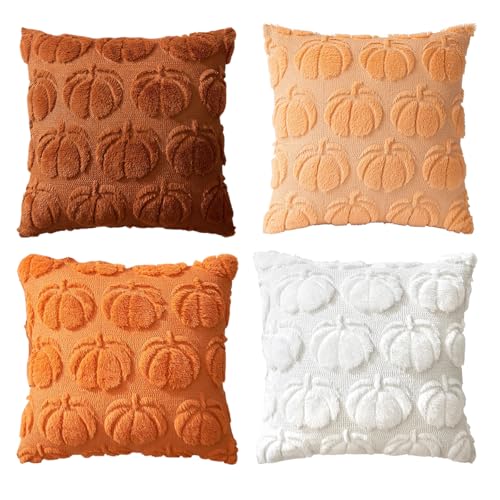 Dujuanus 4 Stück Kissenbezug Herbst Kürbis, Halloween Kürbis Thanksgiving Dekoration Sofakissen für Wohnzimmer Sofa Garten Schlafzimmer Outdoor Zierkissen Couchkissen (45x45cm) von Dujuanus