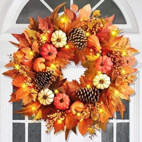Herbstkranz Haustür - Künstliche Herbst Kranz, Türdeko Deko Fall Wreath für Haustür Outdoor Tisch Außen, Rattan Kürbis Ahornblatt Beere Türkranz 50cm (B) von Dujuanus