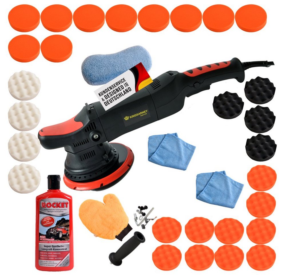 Duke-Handel Exzenter Poliermaschine Rotationspoliermaschine Autopolierer 810Watt 21mm Hub (XXL), 1650 min. U/min, 4800 max. U/min, Ø 150,00 mm, (Set, 38 tlg., inkl. umfangreichem Polier- und Schleifzubehör), ohne Akku und Ladegerät, Poliermaschine für Rechts- und Linkshänder von Duke-Handel