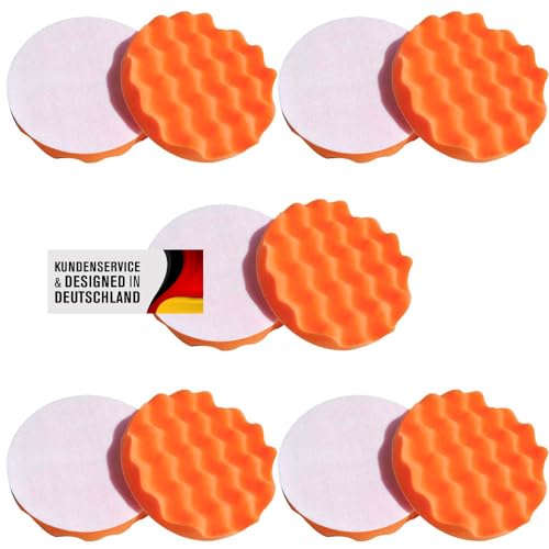 Polierschwämme Polierpads Polierzubehör 180 mm oder 150 mm Gewaffelt oder Glatt - Kletthaftend & In Verschiedenen Härtegraden Für Die Poliermaschine 10er-Set Orange (Medium, 180 mm gewaffelt) von Duke-Handel