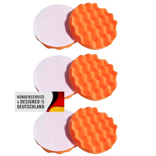 Polierschwamm Set 150mm Klett In Verschiedenen Härtegraden Und Setgrößen Polierschwämme Für Die Poliermaschine Polierpads Polierset Kletthaftend Gewaffelt Oder Glatt (Medium Orange gewaffelt, 6er Set) von Duke-Handel