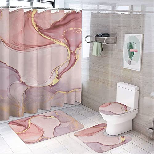 4-teiliges Geometrisches Marmor-duschvorhang-Set, Duschvorhang 180 X180CM Mit Haken, Weicher Und Rutschfester Badezimmerteppich, U-förmige Konturmatte, Toilettendeckelabdeckung (Rose Gold Marmor) von DukeIo
