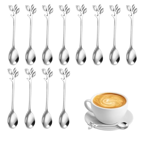 12 Stück Edelstahlblatt Kaffeelöffel, Blattform Grifflöffel Edelstahl Teelöffel, Mini-Kaffeelöffel Zweig Design Dessertlöffel Verwendet für Wasser Tee Milch Kaffee Dessert Getränke Utensilien(Silber) von Duluok
