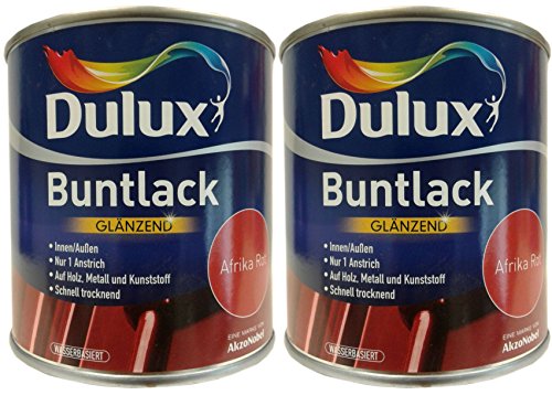 2 x 500 ml Dulux Buntlack Glänzend innen/außen 1 L Farbwahl, Farbe:Afrika Rot von Dulux
