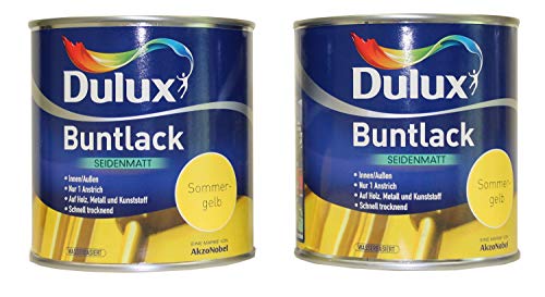 2 x 500ml Dulux Buntlack Seidenmatt für innen und außen 1 Liter Farbwahl, Farbe:Sommergelb von Dulux