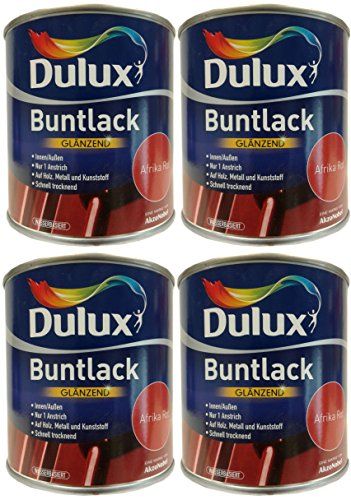 4 x 250ml Dulux Buntlack Glänzend für innen/außen 1 L Farbwahl, Farbe:Afrika Rot von Dulux