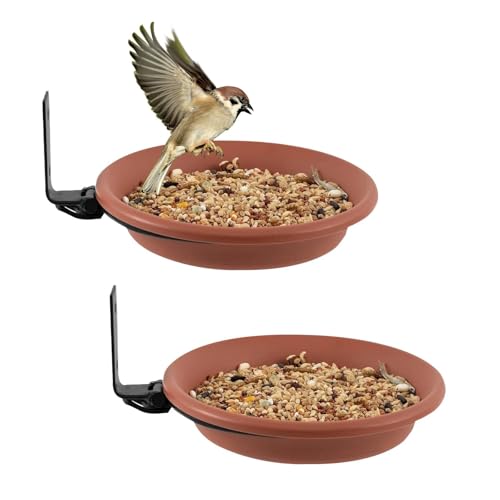 Dulynva 2 Stücke Vogelfutterspender Klein Vogeltränke Zum Aufhängen Vogelfutterstation Rund Wassertränke für Vögel Mit Wandhalterung Vogeltränke für Balkongeländer Garten (Ø17cm/Braun) von Dulynva