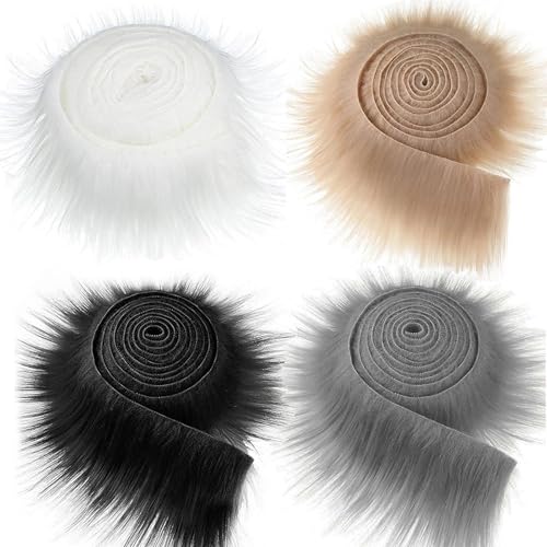 Dulynva 4 Stück Kunstfell zum Basteln Meterware 5x150x10cm Kunstpelz Fellstoff Band Fell zum Basteln Faux fur Fabric, Furry Faux Precut Strips für Santa Hair Dwarf DIY (Weiß Braun Schwarz Grau) von Dulynva