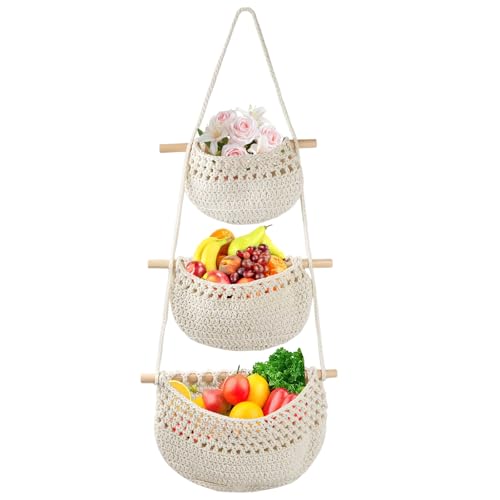 Dulynva Obstkorb Hängend 3 Stöckiger Hängekorb Küche, Handgewebte Hängekorb Obst, Hängender Wandtasche Organizer für Obst, Snack und Gemüse Aufbewahrung von Dulynva