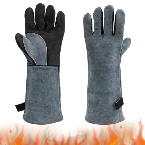Dulynva Schweißhandschuhe aus Leder Grillhandschuh Hitzebeständige Feuerfeste Handschuhe mit Kevlar-Nähten Schweisserhandschuhe für Kamin, Herd, Ofen, Grill, BBQ, MIG, Topflappen (schwarz-grau) von Dulynva