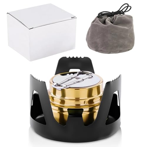 Dulynva Spiritusbrenner Tragbarer Spirituskocher Mini Alkoholkocher Brennpastenbehälter Outdoor Kochender Alkoholherd mit Aluminiumständer für Backpacking Camping Wandernocher (Schwarz) von Dulynva