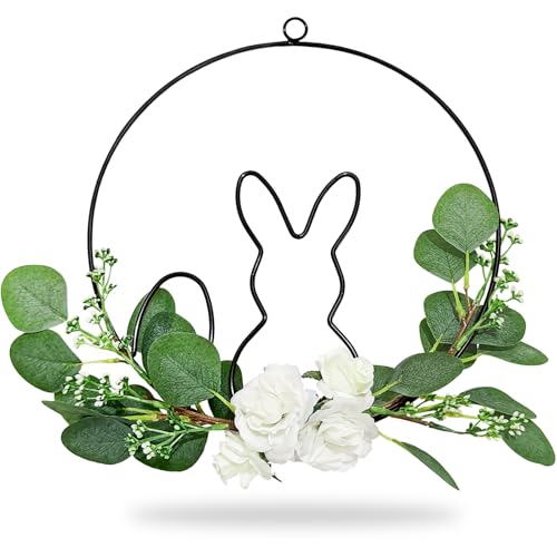 Dumeher Osterkranz, 30cm Metallring mit Hase und Osterei in schwarz Hasenkränze Frühlingsdeko Osterdeko Osterhase mit Künstlicheblumen und Eukalyptus, Frühlingsgefühle von Dumeher