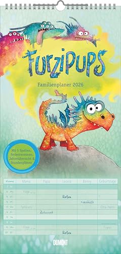 DUMONT - Familienplaner Furzipups der Knatterdrache 2026 – 22x45 cm – Wandkalender mit 5 Spalten & lustigen Illustrationen, Familienkalender für Kinder von DUMONT