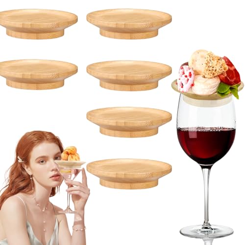 Weinglas Topper,Wine Glass Charcuterie Topper Bamboo,Wine Glasses Topper Appetizer Plates Set 6,Board Topper Holz Rund,Hölzerner Weinglas Aufsatz Untersetzer für Vorspeisenteller,Desserts,Partys (6) von Dumwis