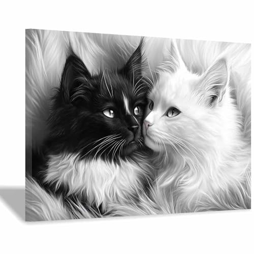 DunPei Leinwandbild Vintage Style Kunstdruck Bequeme Katze Perfekte Dekoration für Wohnzimmer Schlafzimmer Bad Küche Büro(Schwarz Weiß106)-80x120cm Gerahmt von DunPei