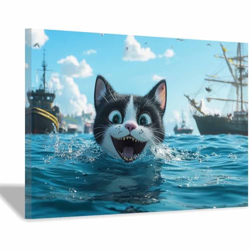 DunPei Leinwandbild Vintage Style Kunstdruck Eine intime Katze Perfekte Dekoration für Wohnzimmer Schlafzimmer Bad Küche Büro(Blau141)-80x120cm Gerahmt von DunPei