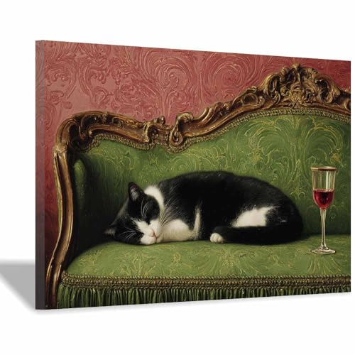 DunPei Leinwandbild Vintage Style Kunstdruck faule Katze Perfekte Dekoration für Wohnzimmer Schlafzimmer Bad Küche Büro(Grün15)-70x100cm Gerahmt von DunPei