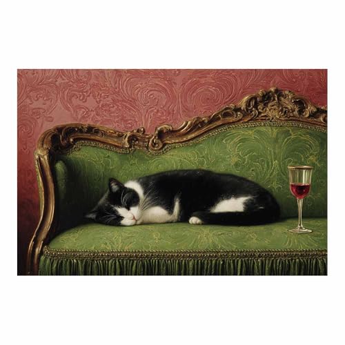 DunPei Leinwandbild Vintage Style Kunstdruck faule Katze Perfekte Dekoration für Wohnzimmer Schlafzimmer Bad Küche Büro(Grün15)-70x100cm Ungerahmt von DunPei