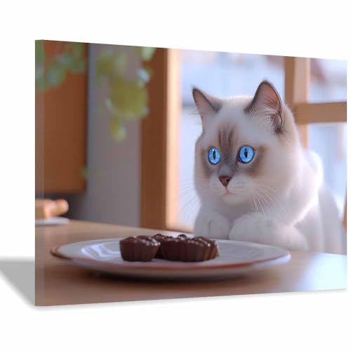 DunPei Leinwandbild Vintage Style Kunstdruck faule Katze Perfekte Dekoration für Wohnzimmer Schlafzimmer Bad Küche Büro(Weiß92)-50x70cm Gerahmt von DunPei