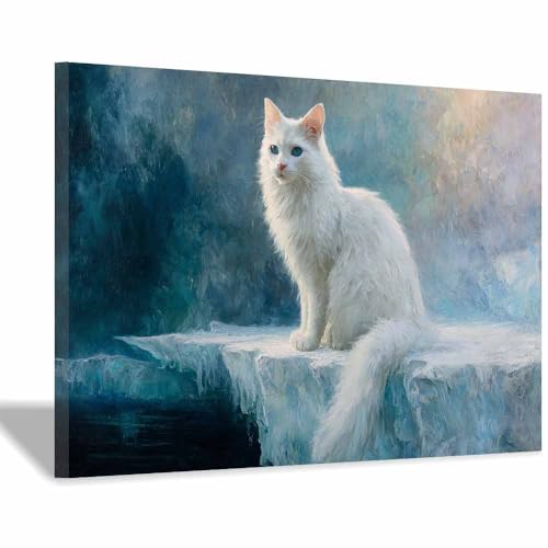 DunPei Wandkunst auf Leinwand mit Tiermotiv Bequeme Katze Poster an der Wand sind auch ideale Geschenke für Familie Paare(Weiß128)-30x45cm Gerahmt von DunPei