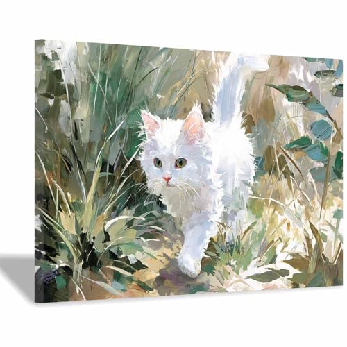 DunPei Wandkunst auf Leinwand mit Tiermotiv Eine intime Katze Poster an der Wand sind auch ideale Geschenke für Familie Paare(Weiß86)-50x70cm Gerahmt von DunPei