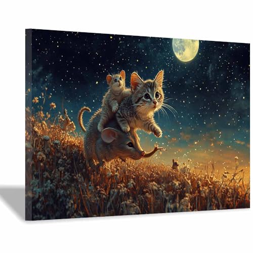 DunPei Wandkunst auf Leinwand mit Tiermotiv Süße Katze Poster an der Wand sind auch ideale Geschenke für Familie Paare(Braun170)-60x90cm Gerahmt von DunPei