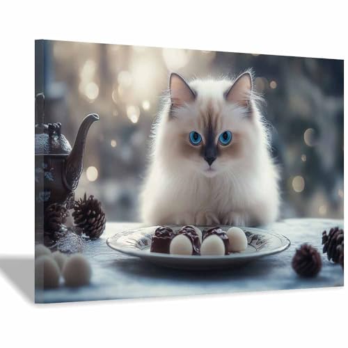 DunPei Wandkunst auf Leinwand mit Tiermotiv Süße Katze Poster an der Wand sind auch ideale Geschenke für Familie Paare(Weiß93)-60x90cm Gerahmt von DunPei