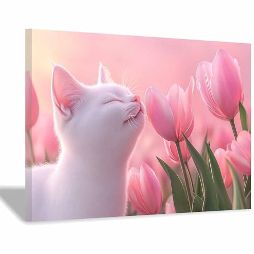 DunPei Wandkunst auf Leinwand mit Tiermotiv faule Katze Poster an der Wand sind auch ideale Geschenke für Familie Paare(Rosa191)-80x120cm Gerahmt von DunPei