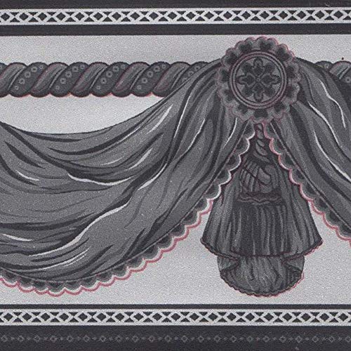 Dundee Deco BD3213 Faux Anthrazit Schwarz Vorhänge Hellgrau Tapeten Bordüre Retro Design Rolle 10 m x 10 cm, selbstklebend Tapetenbordüre von Dundee Deco