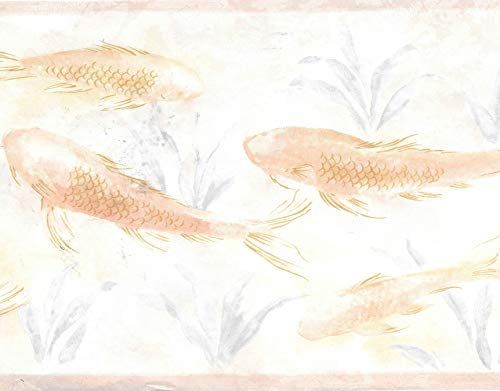 Dundee Deco BD6105 Tapeten Bordüre – nautische Perle, beige, rosa, hellgrüne Fische im Teich, Wandbordüre, Tapetenbordüre Retro-Design, 4,57 m x 22,86 cm von Dundee Deco