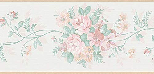 Dundee Deco BD6322 Tapeten Bordüre, vorgeklebt, Blumenmuster, Beige, Pink, Grün, Blumen auf Ranke, Tapetenbordüre Retro-Design, 4,57 m x 14,38 cm von Dundee Deco