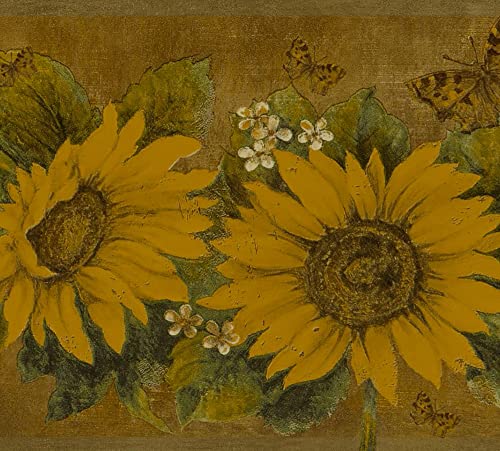 Dundee Deco DDAZBD9004 Tapetenbordüre, zum Abziehen und Aufkleben, Blumengelb, Senf-Sonnenblumen, Schmetterlinge, Wandbordüre, Retro-Design, 4,57 m x 17,78 cm, selbstklebend von Dundee Deco