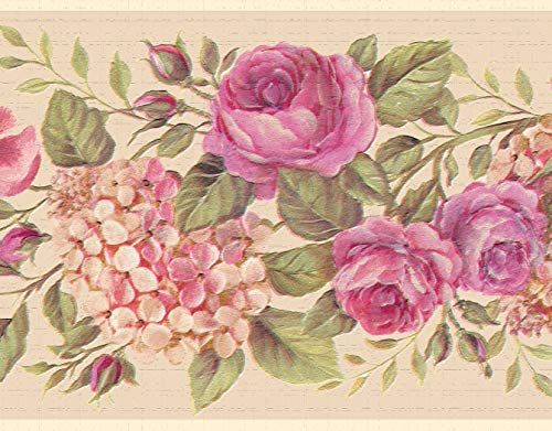 Dundee Deco DDAZBD9064 Tapetenbordüre zum Abziehen und Aufkleben, Blumenrosa, cremefarbene blühende Rosen, Hortensia-Wandbordüre, Retro-Design, 4,57 m x 17,78 cm, selbstklebend von Dundee Deco