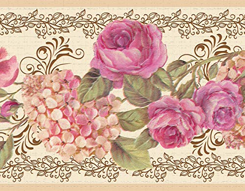 Dundee Deco DDAZBD9066 Tapetenbordüre zum Abziehen und Aufkleben, Blumen-Rosen, Schriftrollen, Hortensien-Wandbordüre, Retro-Design, 4,57 m x 17,78 cm, selbstklebend von Dundee Deco