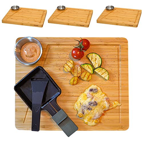 DuneDesign 4 Personen Raclette Teller Set - 30x25 Raclette Brettchen Holz mit Dipschale - Raclette Pfännchen Untersetzer Holz Raclette Holzbrettchen Untersetzer Raclette Pfännchen Zubehör für Raclette von DuneDesign