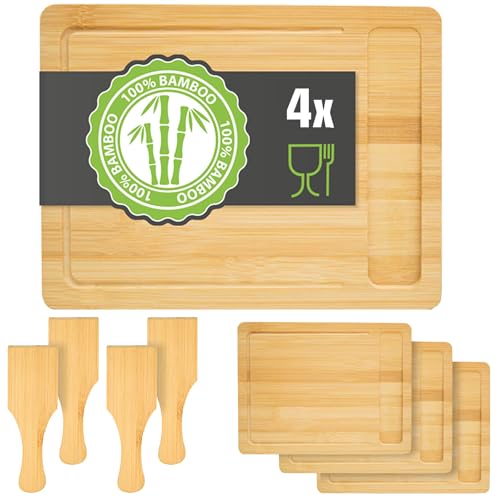 DuneDesign 4 Personen Raclette Teller Set mit Spachtel - 30x22 Raclette Brettchen Holz Spatel - Raclette Pfännchen Untersetzer Holz Zubehör für Raclette Holzbrettchen Untersetzer Raclette Pfännchen von DuneDesign