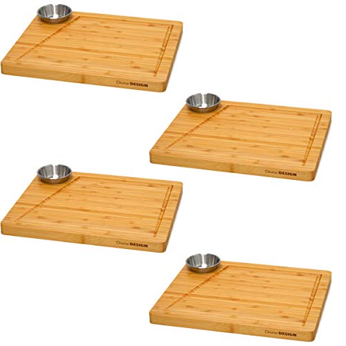 DuneDesign 4x Steakteller Holz mit Dipschalen - 30x25cm Bambus Teller Set - Grill Servierplatte Holzbrett Küche Gastro Zubehör Burger Tablett Grill Zubehör - Sushi Geschirr Set 4 Personen Sushi Deko von DuneDesign