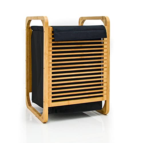 DuneDesign 50 Liter Wäschekorb Bambus mit Deckel - 40x36x57 Holz Wäschesammler mit Wäschesack - Wäschebehälter für Schmutzwäsche - Wäschetruhe Badezimmer Dreckwäsche Sammler Wäschekiste Kleiderschrank von DuneDesign